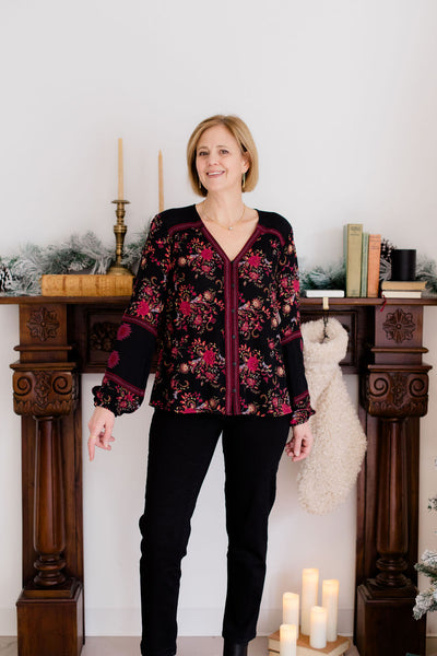 Tribal Button Front Blouse with Embroidery