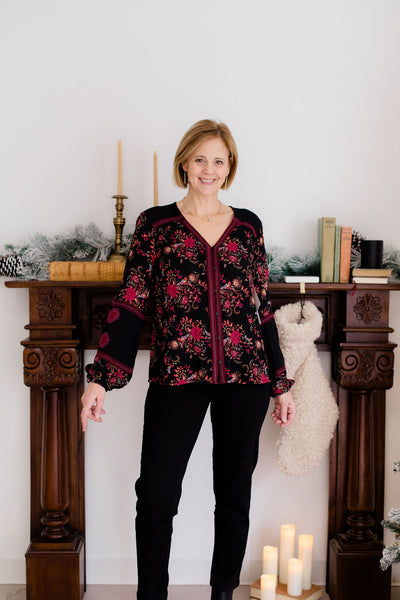 Tribal Button Front Blouse with Embroidery