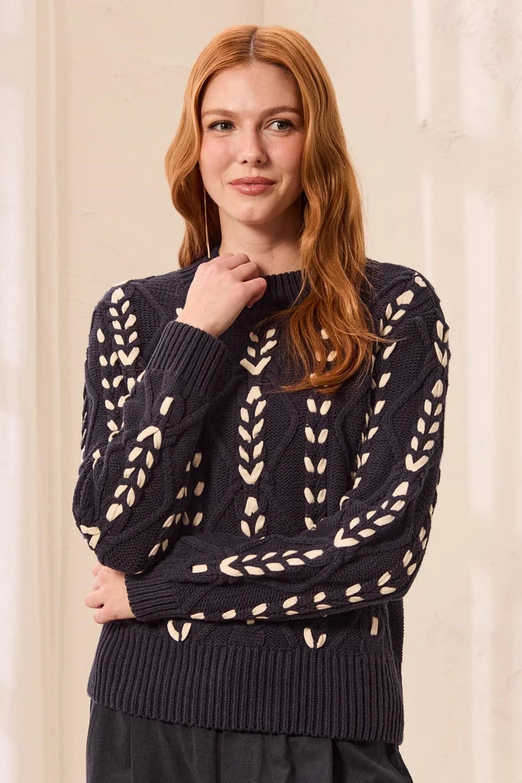Tribal Mock Neck Cable Knit Sweater in Sapphire