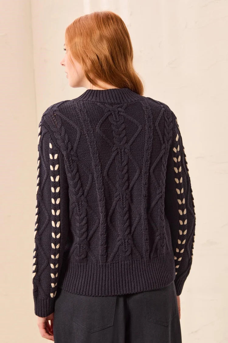 Tribal Mock Neck Cable Knit Sweater in Sapphire