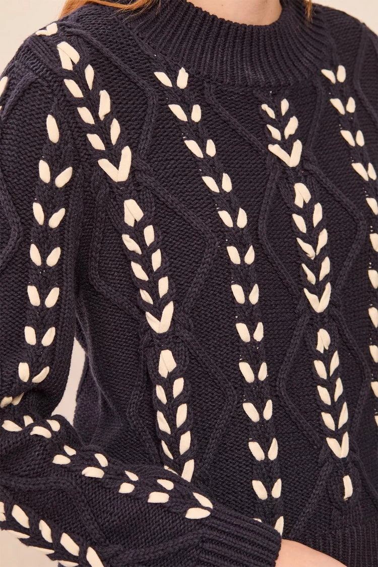 Tribal Mock Neck Cable Knit Sweater in Sapphire