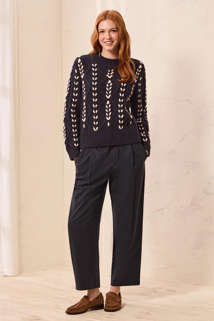 Tribal Mock Neck Cable Knit Sweater in Sapphire