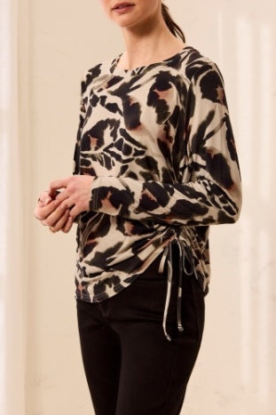 Tribal Crew Neck Top with Side Ruching in Dry Sand