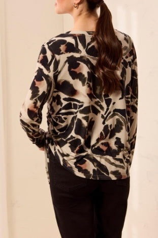 Tribal Crew Neck Top with Side Ruching in Dry Sand
