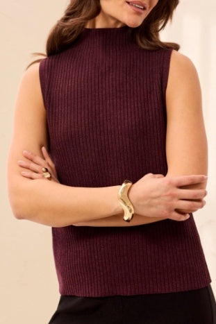 Tribal Sleeveless Funnel Neck Sweater in Fudge