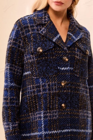 Tribal Notch Collar Shacket in Electric Blue Plaid