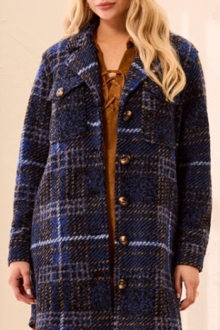 Tribal Notch Collar Shacket in Electric Blue Plaid