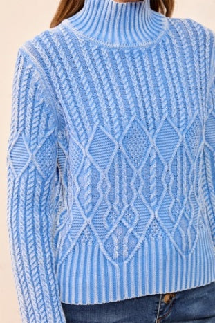 Tribal Vintage Wash Mock Neck Sweater in Blue