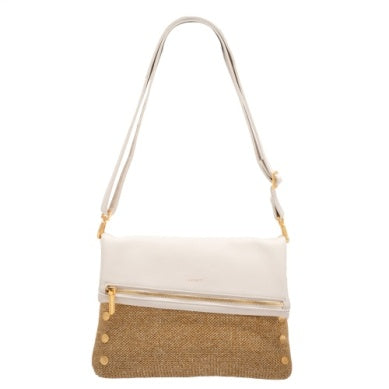 Hammitt VIP Large Handbag In Shell White Raffia, Brushed Gold Shell