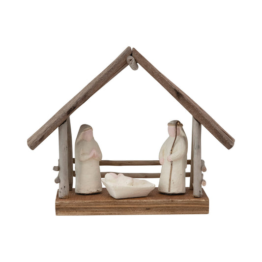 8-1/2"L x 3"W x 7"H Handmade Driftwood and Paper Mache Nativity with Wood Base