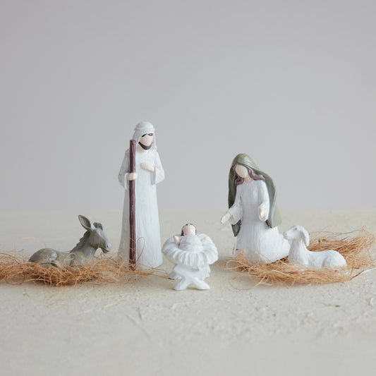 Resin Holy Family with Donkey & Sheep, White & Brown, Set of 5