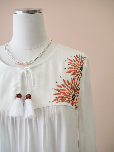 Tribal White Blouse with Embroidered Floral detail and Tassel