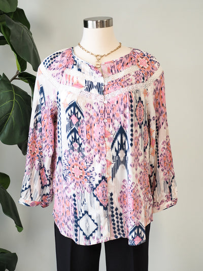 Tribal Button Front Blouse with Tape Detail