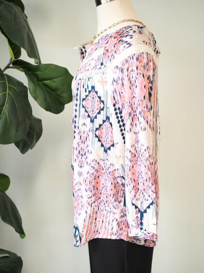 Tribal Button Front Blouse with Tape Detail