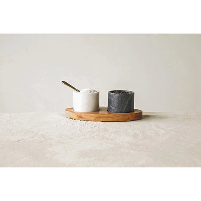 Mango Wood Tray with Marble Bowls and Brass Spoon
