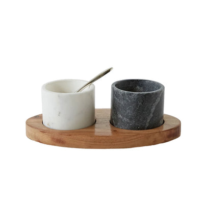 Mango Wood Tray with Marble Bowls and Brass Spoon