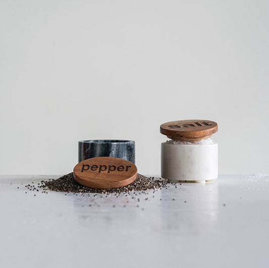 2 1/2" Marble Salt and Pepper Pots with Wood Lid