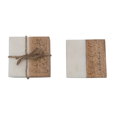 Square Hand-Carved Mango Wood And Marble Coasters