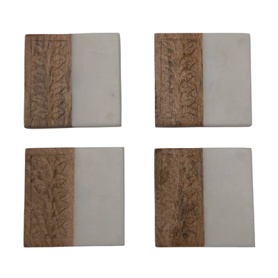 Square Hand-Carved Mango Wood And Marble Coasters