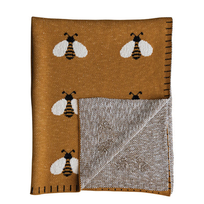 Cotton Knit Baby Blanket w/ Bees & Blanket Stitch